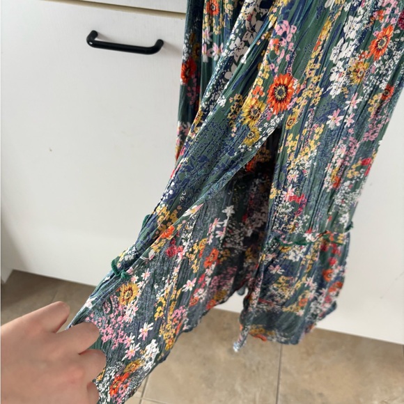 Vintage Multicolore Floral Green Midi Dress Large Slit Tied back Cottagecore - Picture 3 of 12